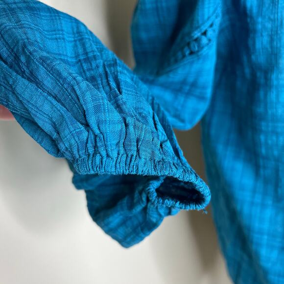 Max Studio Off The Shoulder Top XS Womens Blue Balloon Sleeve Plaid Ruffle New - Picture 6 of 9